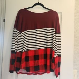Zenana Outfitters Red and Black Striped Plaid Blouse Size L Euc